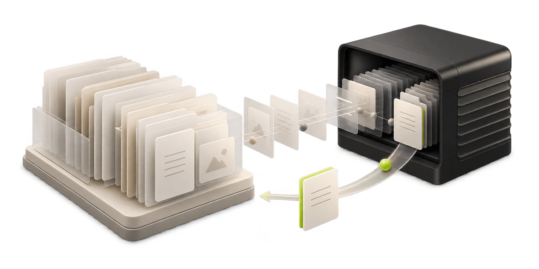 Abstract illustration of a document being restored from a dark backup cabinet.