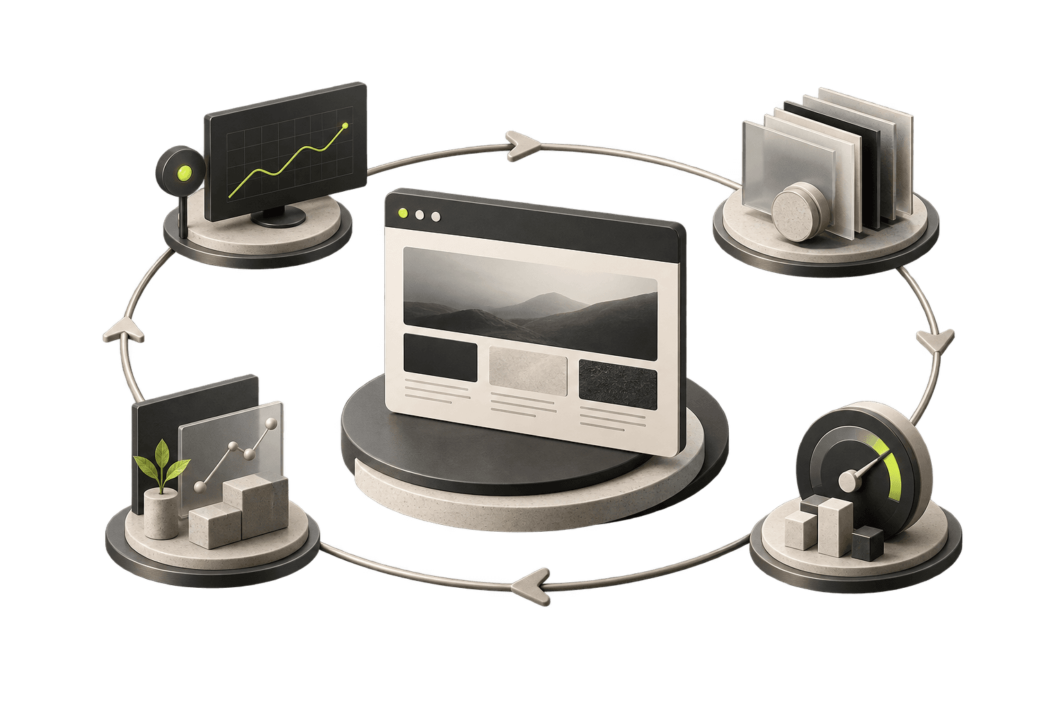 Abstract illustration of a website at the centre of a continuous care loop.