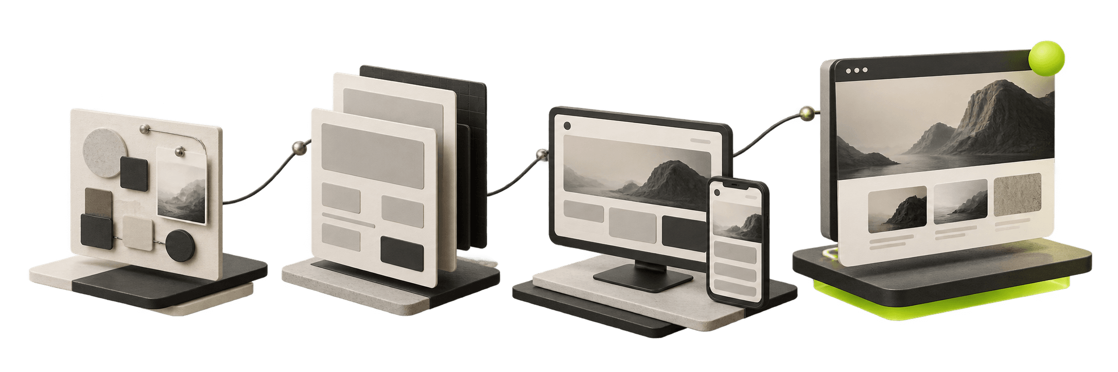 Abstract illustration of a website layout shown on a desktop screen and a phone.